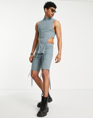 ASOS DESIGN – Niebieski prążkowany podkoszulek o podkreślającym sylwetkę kroju bokserki ze sznurkami – część zestawu