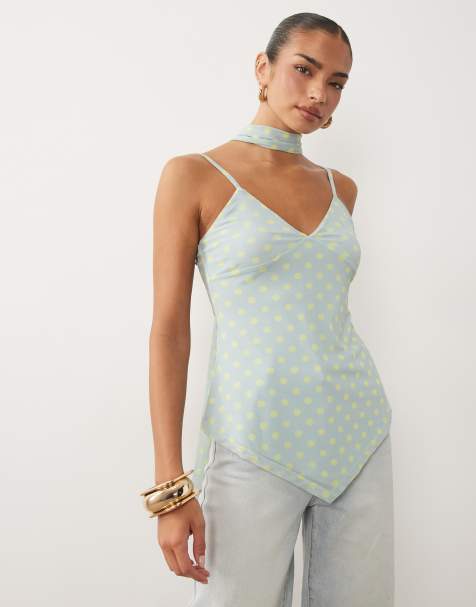 ASOS DESIGN – Niebieski siateczkowy top na ramiączkach z szalikiem w żółte groszki - view 1