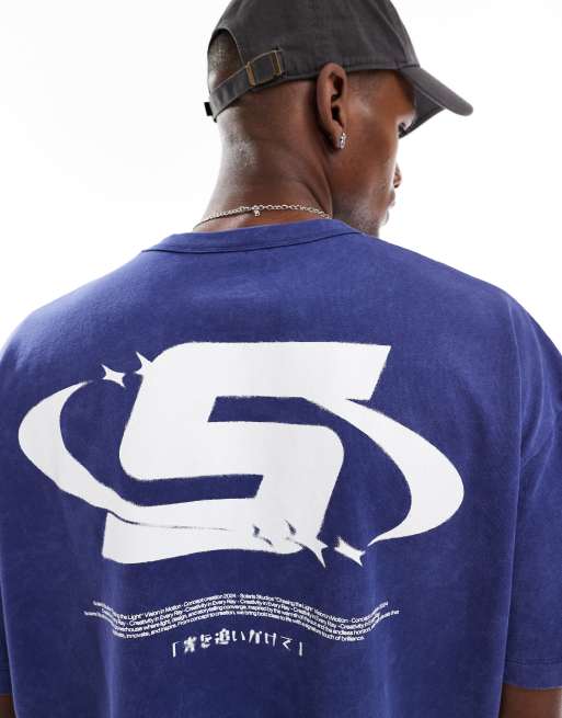 ASOS DESIGN – Niebieski sprany gruby T-shirt oversize o pudełkowym kroju z grafiką