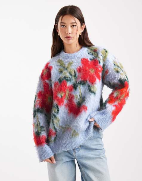 ASOS DESIGN blurred floral oversized crew neck jumper in blue