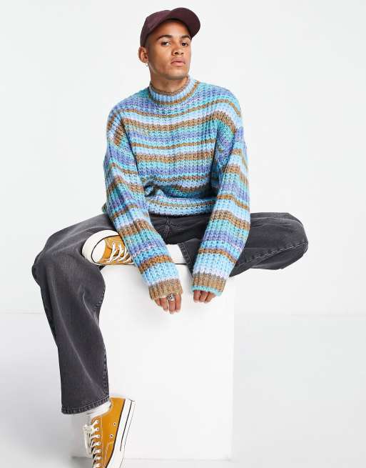 ASOS DESIGN – Niebieski sweter w paski z grubej dzianiny z efektem space-dye