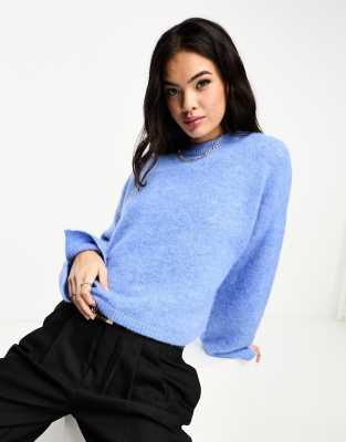 ASOS DESIGN – Niebieski sweter z mieszanką wełny z alpaki z okrągłym dekoltem, szerokimi mankietami i rozcięciami
