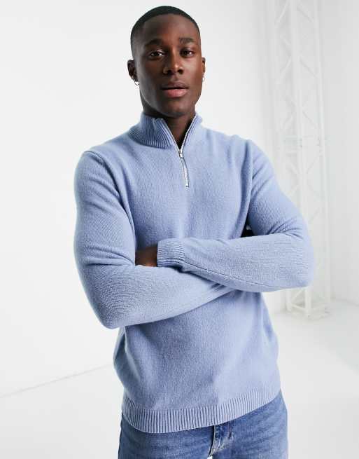 ASOS DESIGN – Niebieski sweter z wełny jagnięcej z zamkiem pod szyją