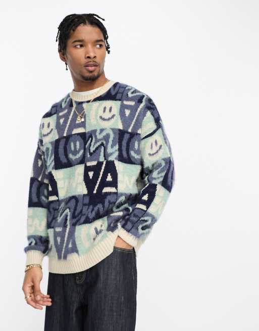 ASOS DESIGN – Niebieski szczotkowany sweter dzianinowy we wzór na całej powierzchni