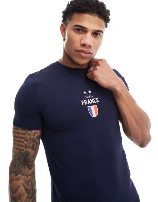 ASOS DESIGN – Niebieski T-shirt o kroju podkreślającym sylwetkę z motywem France na piersi