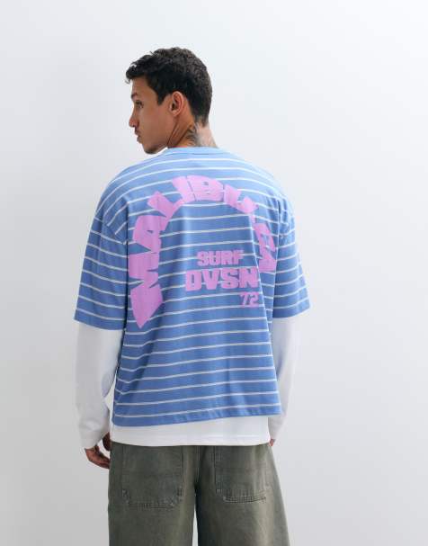 ASOS DESIGN – Niebieski T-shirt o pudełkowym kroju oversize w paski z grafiką - view 1