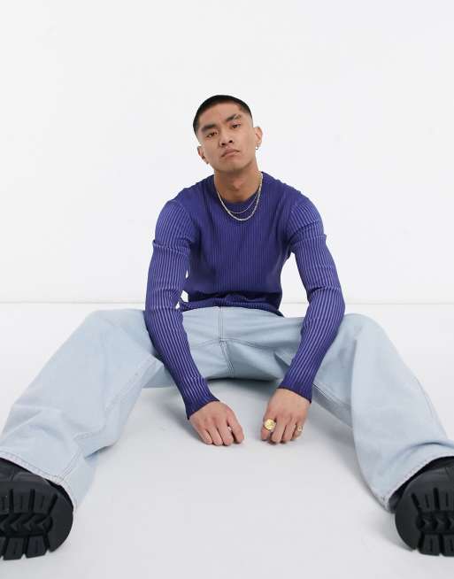 ASOS DESIGN – Niebieski T-shirt o kroju podkreślającym sylwetkę z długim rękawem i efektem sprania