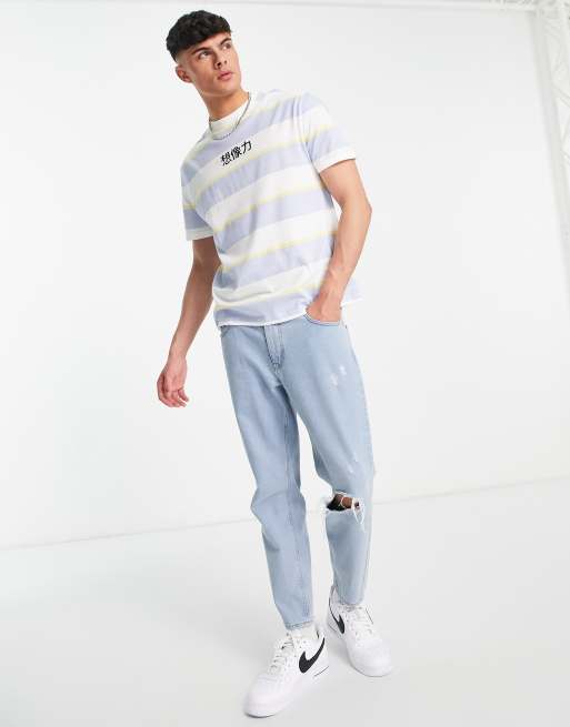 ASOS DESIGN – Niebieski T-shirt o luźnym kroju w paski z nadrukiem na piersi, 4 z 4