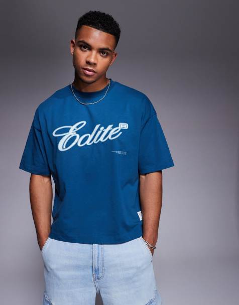 ASOS DESIGN boxy oversized t-shirt with text graphic in blue
