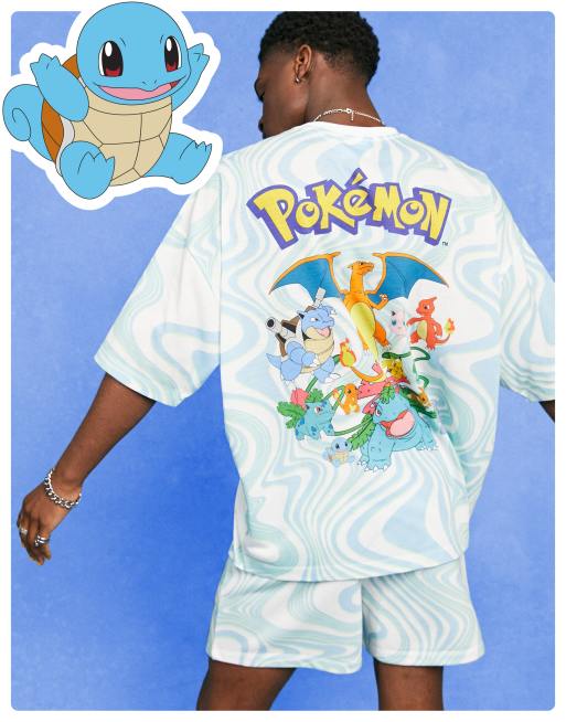 ASOS DESIGN – Niebieski T-shirt oversize we wzór na całej powierzchni z motywem Pokemonów, część zestawu