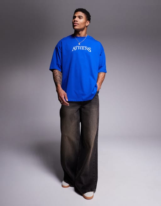 ASOS DESIGN – Niebieski T-shirt oversize z grafiką z miastem na piersi, 3 z 4
