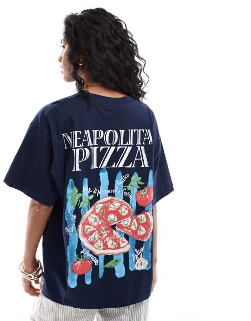 ASOS DESIGN – Niebieski T-shirt oversize z grafiką z motywem pizzy