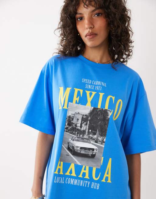 ASOS DESIGN – Niebieski T-shirt oversize z grafiką z napisem „Oaxaca”, 3 z 4