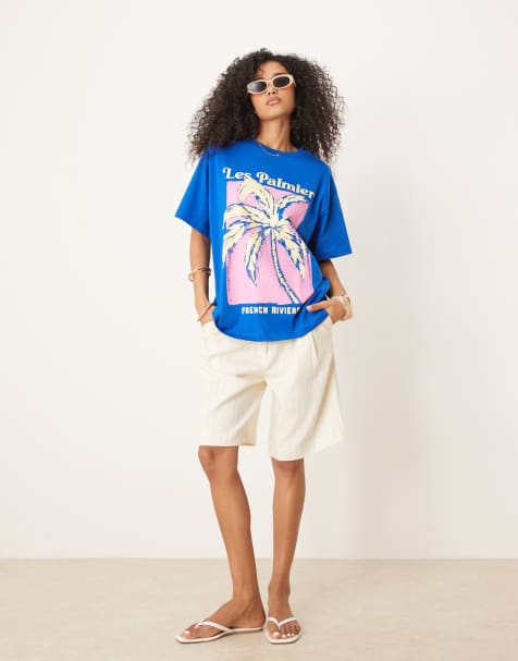 ASOS DESIGN – Niebieski T-shirt oversize z grafiką z palmą - view 1