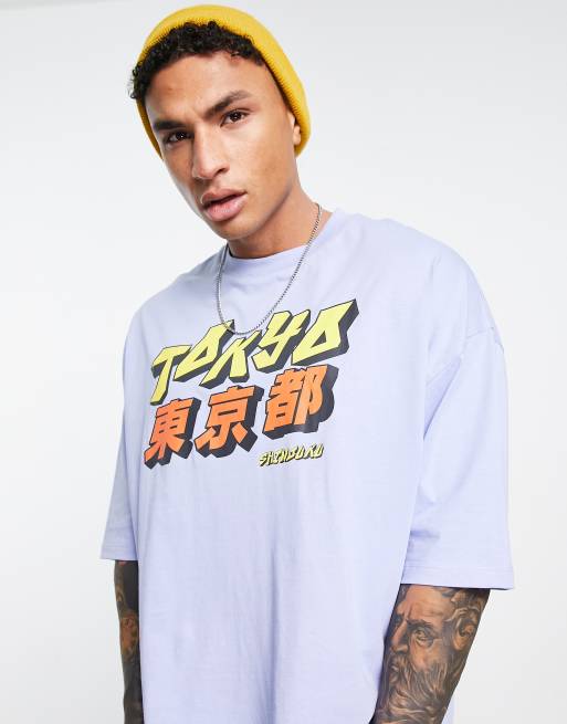 ASOS DESIGN – Niebieski T-shirt oversize z miejskim nadrukiem „Tokio”