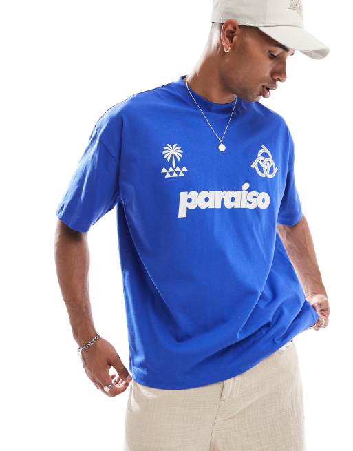 ASOS DESIGN – Niebieski T-shirt oversize z nadrukiem i napisem „Paraiso” z przodu