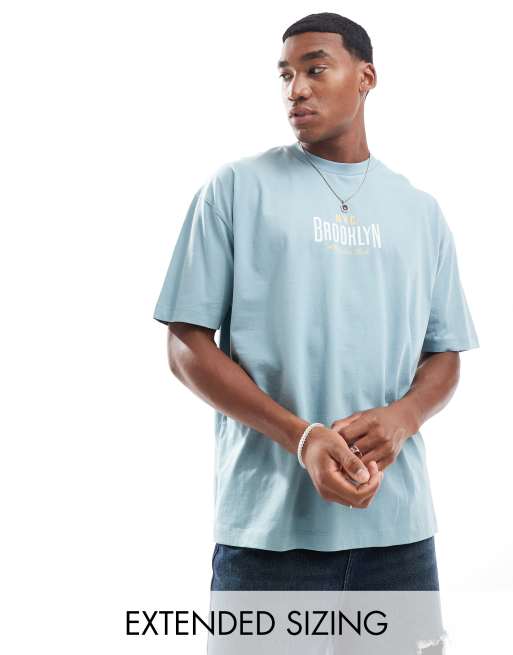 ASOS DESIGN – Niebieski T-shirt oversize z napisem Brooklyn