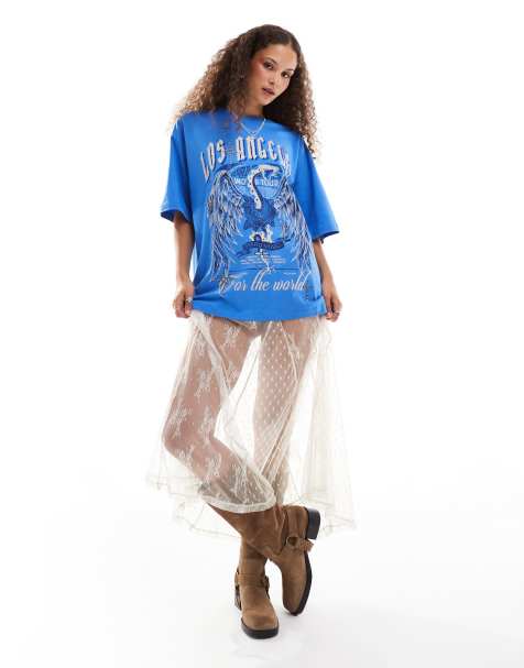 ASOS DESIGN – Niebieski T-shirt oversize z napisem „Los Angeles” i grafiką z ćwiekami - view 1