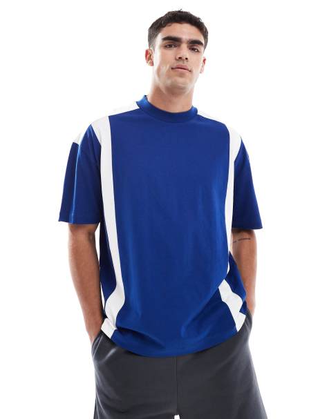 ASOS DESIGN oversized drop shoulder t-shirt with contrast panel in blue 
