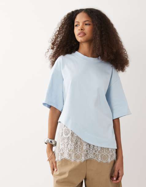 ASOS DESIGN – Niebieski T-shirt z krótkimi rękawami i koronkowym dołem - view 1