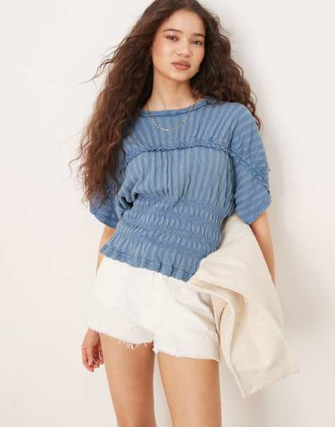 ASOS DESIGN – Niebieski teksturowany T-shirt z marszczeniem w talii - view 1