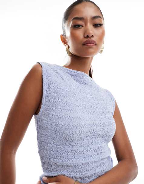 ASOS DESIGN textured slash neck top co ord in blue