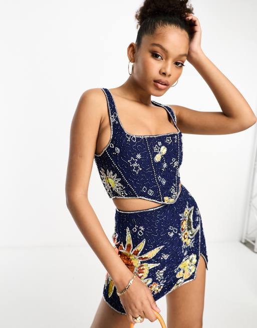ASOS DESIGN – Niebieski top gorsetowy ze zdobieniem we wzór w księżyce, część zestawu