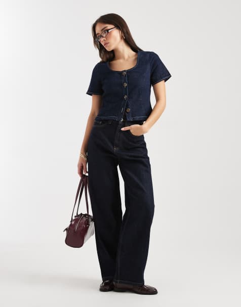 ASOS DESIGN denim bust detail top in mid blue