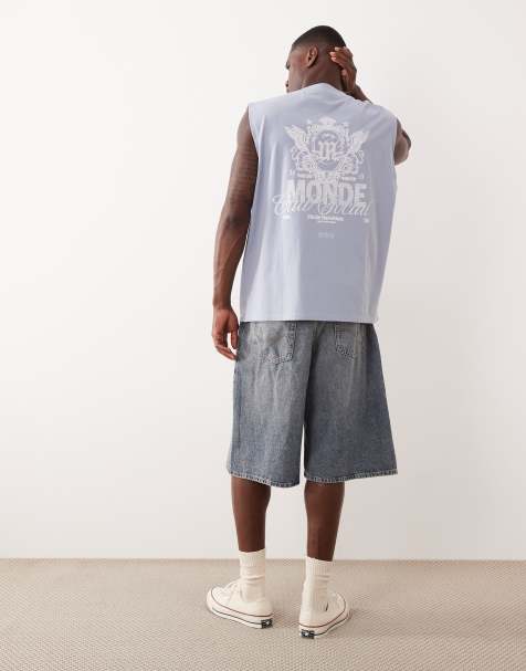 ASOS DESIGN – Niebieski top oversize bez rękawów, z grafiką z przodu i z tyłu - view 1