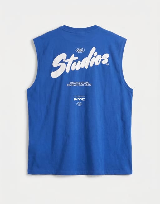 ASOS DESIGN – Niebieski top oversize bez rękawów z zaokrąglonym napisem, 6 z 7