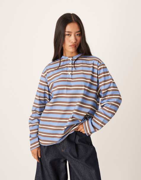 ASOS DESIGN oversized stripe henley top in blue