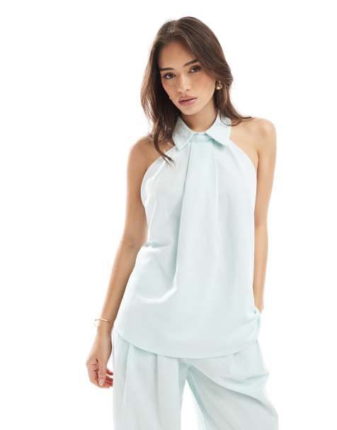 ASOS DESIGN collar detail halter top in blue co ord