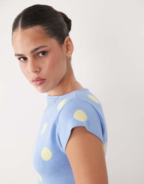 ASOS DESIGN – Niebieski top z prostym dekoltem z dzianiny o delikatnym splocie w groszki - view 1