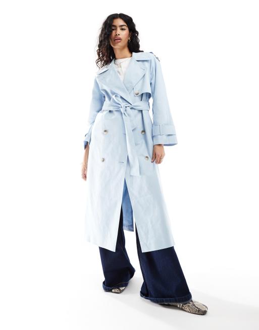 ASOS DESIGN – Niebieski trencz o wydłużonym fasonie z materiału z dodatkiem lnu