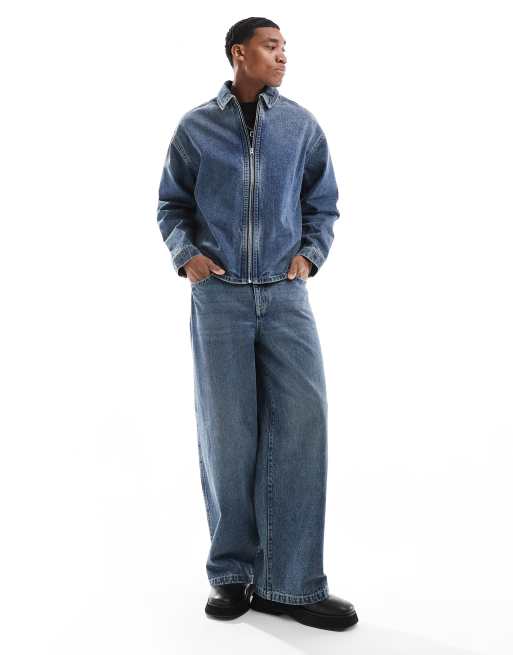 ASOS DESIGN – Niebieski zestaw z przebarwieniami w stylu vintage z obszernymi jeansami i kurtką