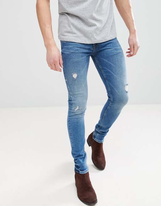 ASOS DESIGN – Niebieskie bardzo obcisłe jeansy z efektem sprania, z przetarciami, 4 z 4