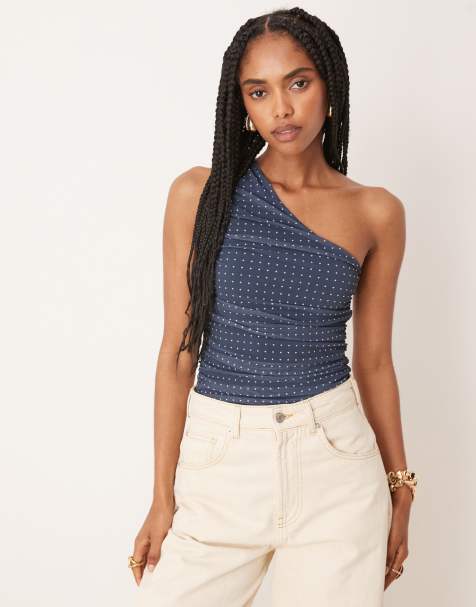 ASOS DESIGN polka dot mesh gathered one shoulder bodysuit in blue