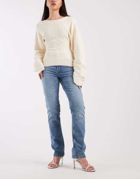 ASOS DESIGN high waisted slim straight jeans in mid blue 