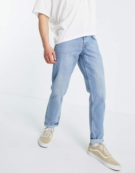 ASOS DESIGN – Niebieskie dopasowane jeansy z krajką i efektem sprania