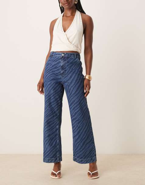 ASOS DESIGN wide leg cropped jean with zebra laser in mid blue