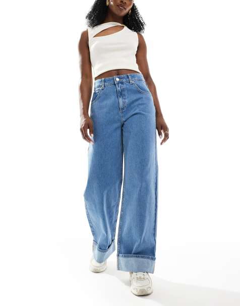 ASOS DESIGN loose jean with deep turn up cuff in clean mid blue
