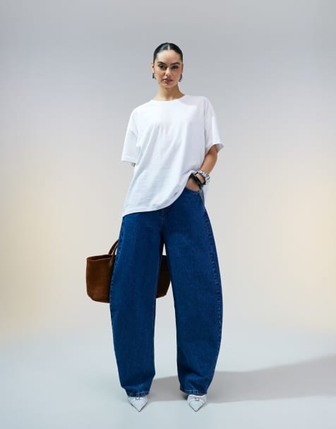 ASOS DESIGN high waisted barrel leg jeans in mid blue 