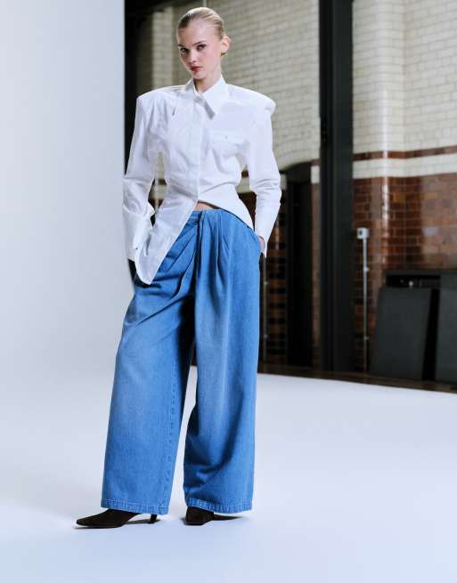 ASOS DESIGN – Niebieskie jeansy z szerokimi nogawkami i drapowanym przodem, 4 z 5