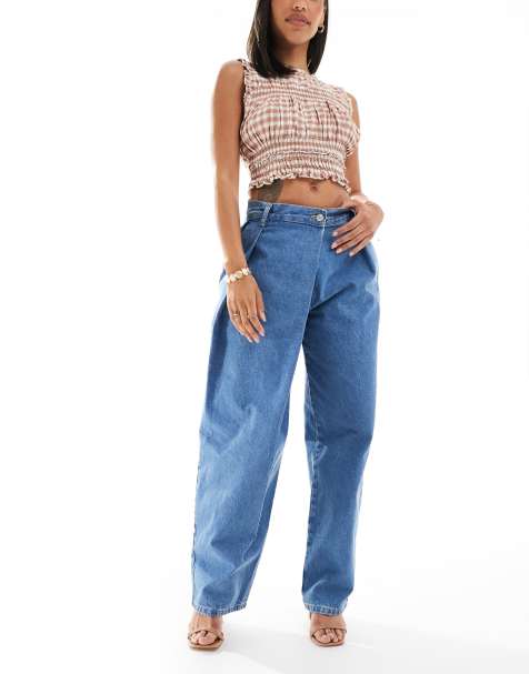 ASOS DESIGN denim wrap detail wide leg jean in mid blue