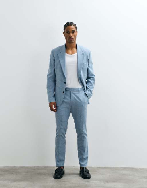 ASOS DESIGN – Niebieski obcisły garnitur z mieszanki lnu w kratkę, 2 z 3