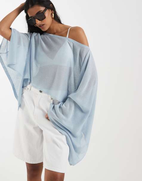 ASOS DESIGN – Niebieskie prześwitujące ponczo z dzianiny o delikatnym splocie - view 1