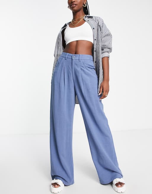 ASOS DESIGN – Niebieskie spodnie typu dad z domieszką lnu
