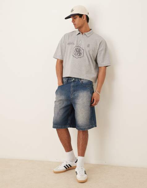 ASOS DESIGN long length denim jorts with pleat pocket in mid wash blue