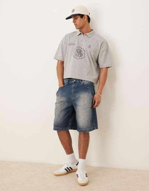ASOS DESIGN – Niebieskie szorty jeansowe o wydłużonym fasonie z zakładkami przy kieszeniach