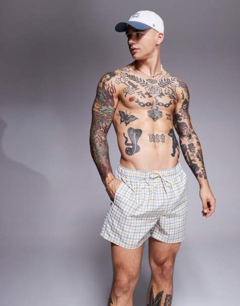 ASOS DESIGN swim shorts in mid length in blue check